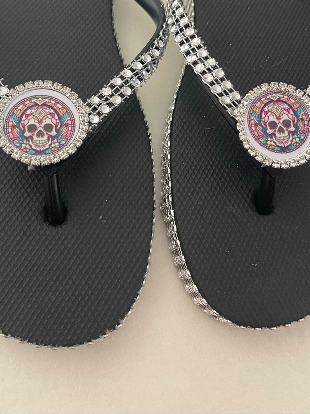 Black and Silver Rhinestone Skull Sandals - Women